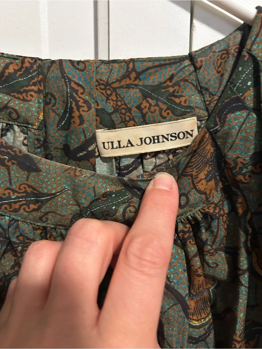 Ulla Johnson Olive Green and Brown Botanical Puff-Sleeve Blouse